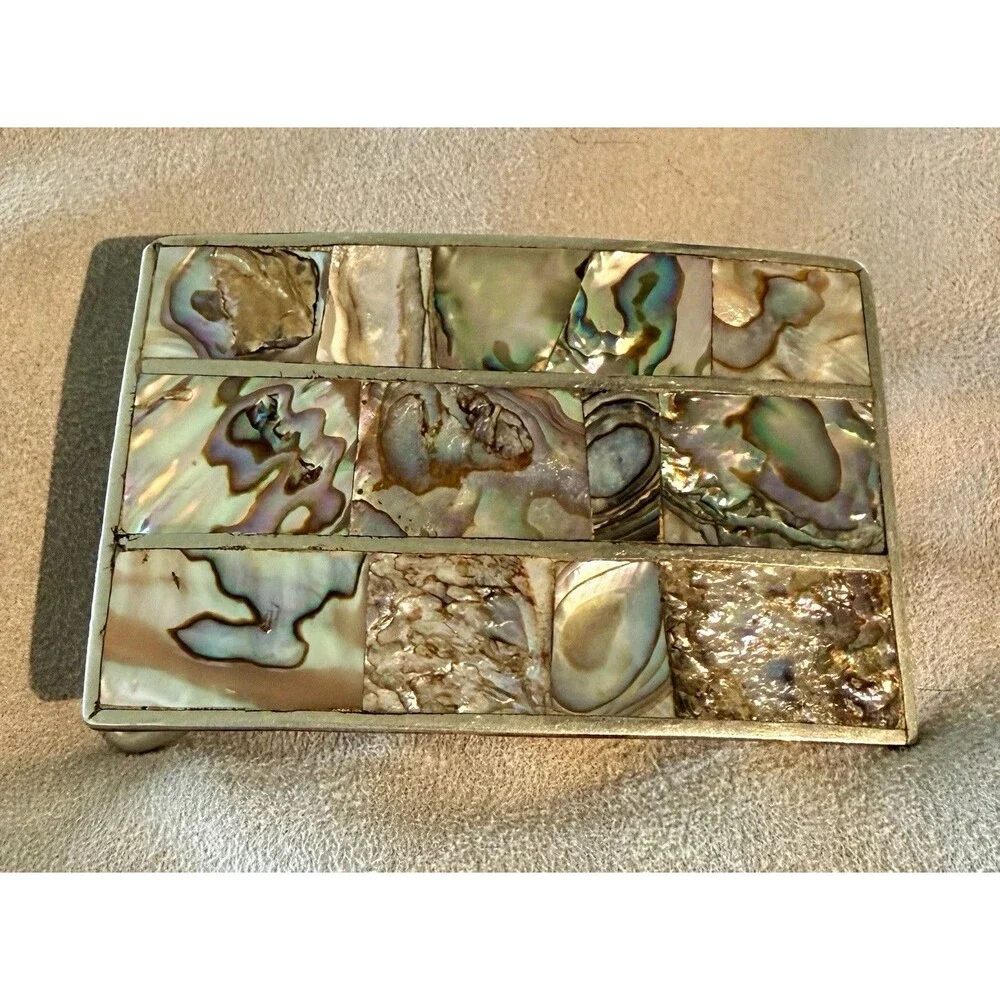 Alpaca Silver Western Plate Belt Buckle Abalone Shell Inlay Mosaic Mexico